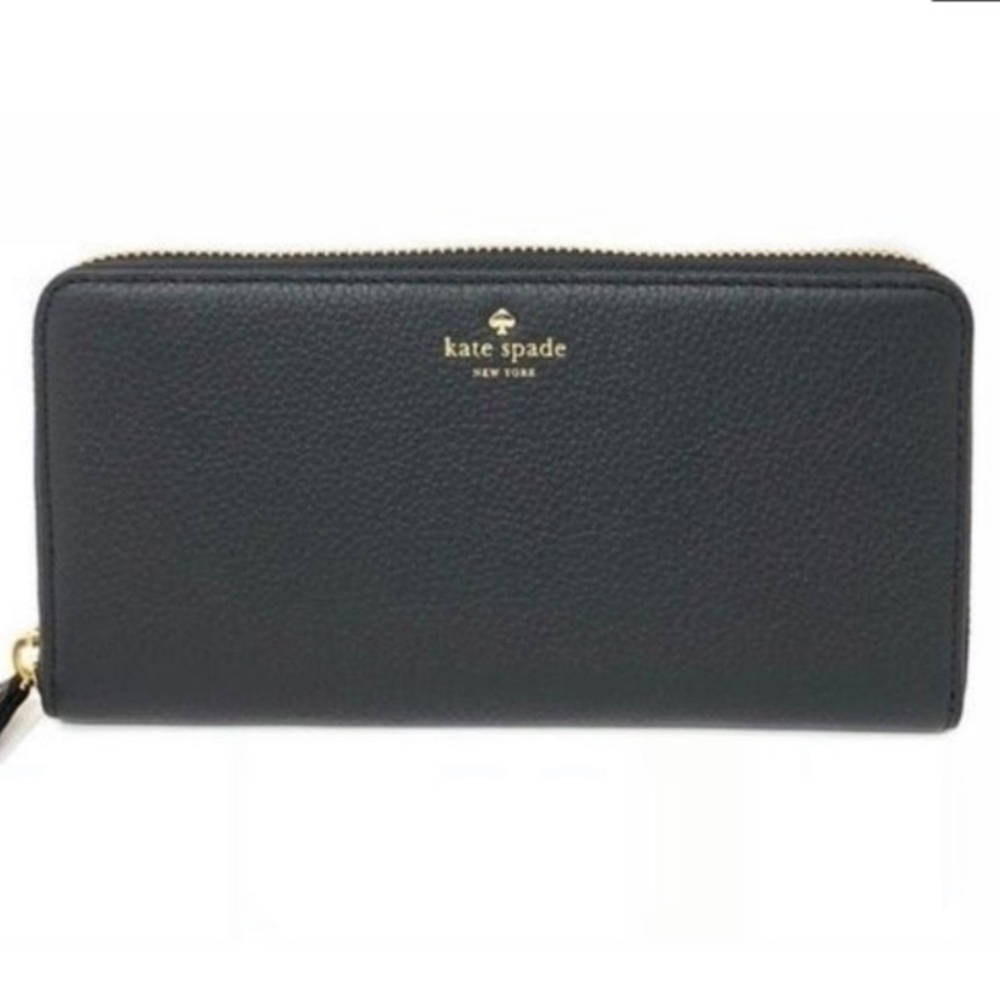 kate spade Black Zip-Around Leather Wallet with Gold Logo
